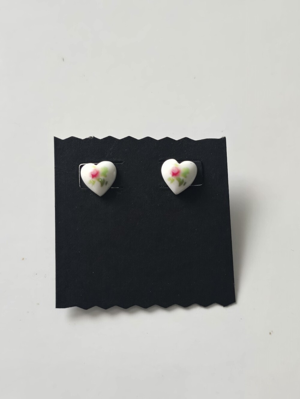 White Heart Porcelain Stud Earrings with Pink Rose Detail